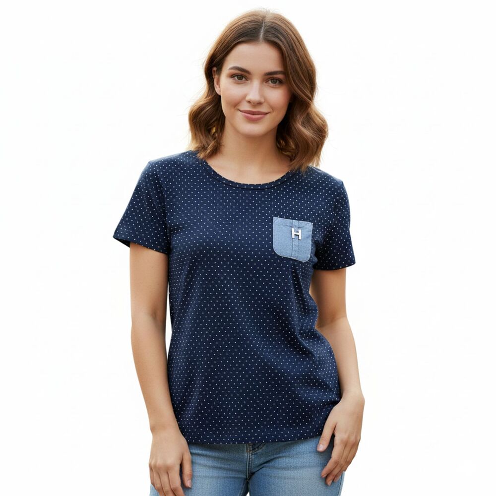 Tommy Hilfiger Contrast Denim Pocket Silver Metal Logo Navy Pullover Top L